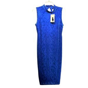 NEW Blue Sleeveless Stretch Velvet Burnout Body Shaping Sheath Dress Size XL